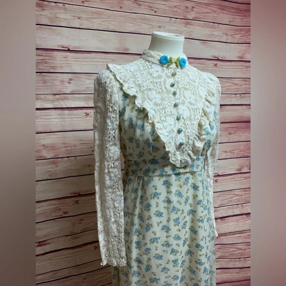 Vintage Floral High Neck Crochet Long Sleeve Prairie Dress